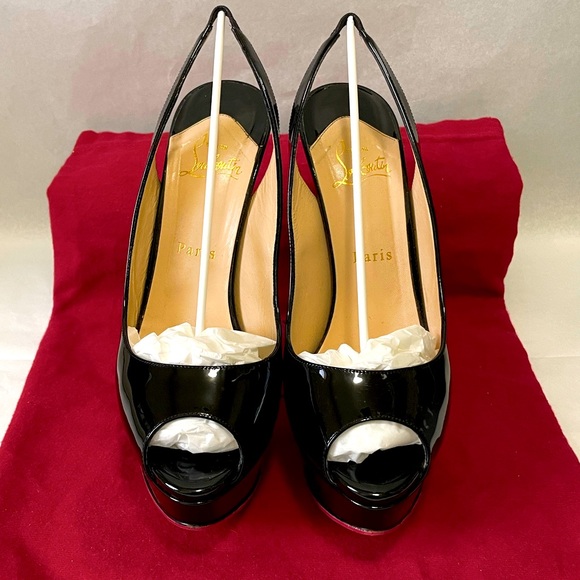 Christian Louboutin “Lady peep” sling peeptoe pumps 150mm Blk patent lthr EU38.5 - Picture 2 of 14